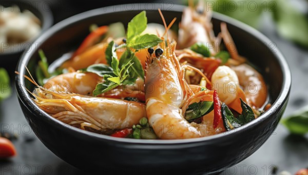 Close-Up View Of Exotic Asian Restaurant Food Menu Featuring Hot Boiled Shrimps With Natural Vegetables And Spices In Traditional Vietnamese Black Bowler Pot, AI generated