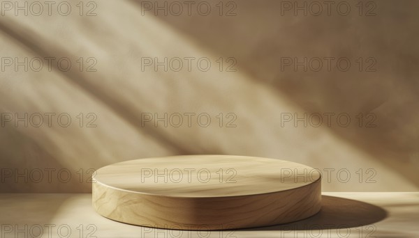 Wooden Round Board With Spotlight From Above: Cylinder Shape Podium And Stand Casting A Shadow On Beige Wall For Product Presentation, Front View Mockup, AI generated