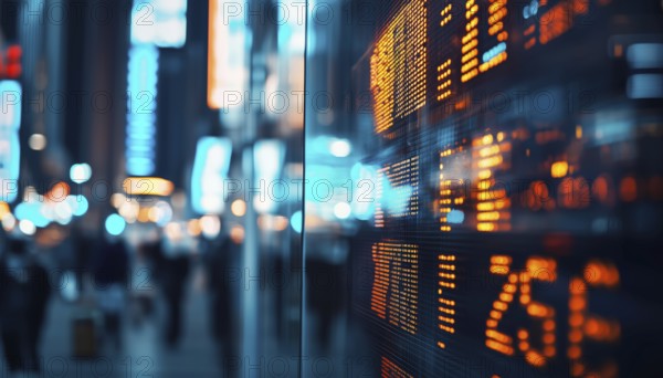 Stock Market Quotes Reflected On Glass Display With City Scene Background. Showcasing The Hustle And Bustle Of Financial Markets. Reflecting Urban Sophistication, AI generated