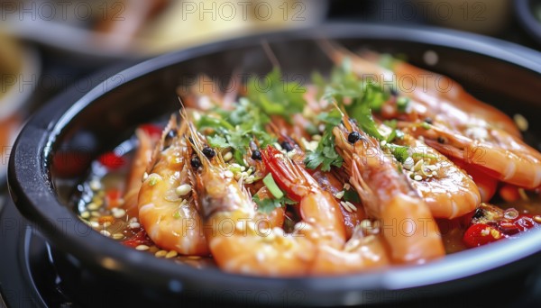 Close Up Of Exotic Asian Restaurant Food Menu: Spicy Boiled Shrimps With Fresh Vegetables In Traditional Vietnamese Bowler Pot, AI generated