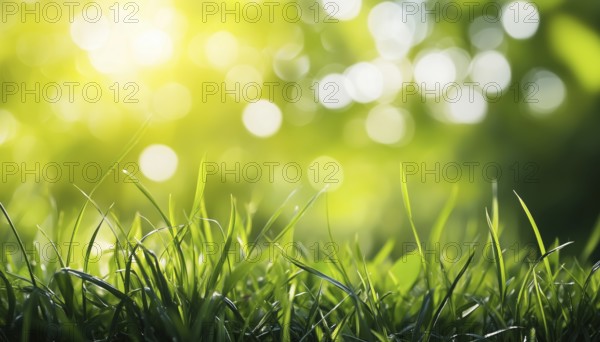 Lush Green Grass In Sunlight With Beautiful Bokeh: Close-Up Of Juicy Grass In Nature Outdoors, Wide Format With Copy Space, AI generated