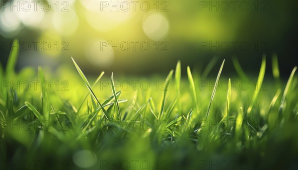 Lush Green Grass Under Sunlight With Bokeh, Close-Up In Nature Outdoors. Wide Format Image With Copy Space, Showcasing Juicy Young Grass, AI generated