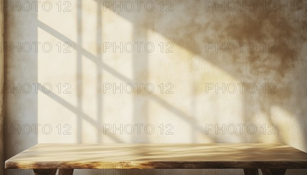 Beige Wall With Empty Table, Window Shadow, And Sunlight: Ideal Set-Up For Presentations, Branding Products, Cosmetics, Food, Or Jewelry Mock-Ups, AI generated