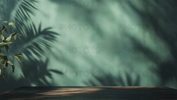 Empty Table On Dark Green Wall With Botanical Shadows: Ideal Mock-Up For Presentations And Branding Various Products, AI generated