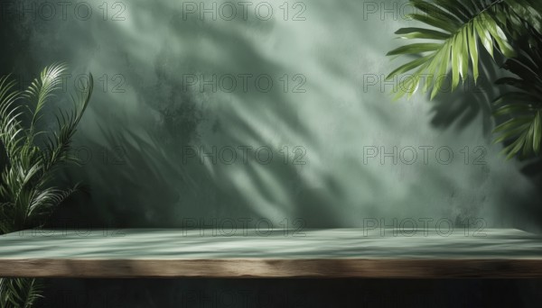 Empty Table On Dark Green Wall With Botanical Shadows: Ideal Mock-Up For Presentation, Branding, Cosmetics, Food, Or Jewelry Display, AI generated