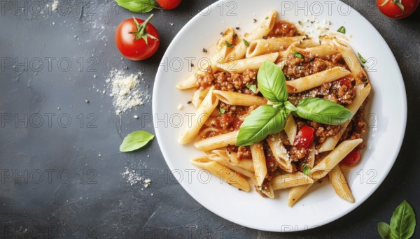 Delicious Penne Pasta With Bolognese Sauce And Basil Served In A White Plate On A Light Background. Top View With Space For Text, AI generated
