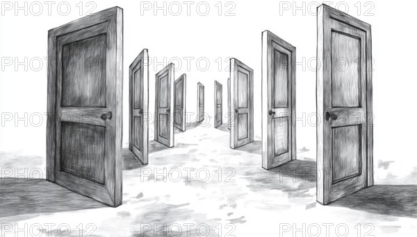 Sketch Of Hand-Drawn Open Doors: Symbolizing The Challenge Of Making The Right Choice And Embracing New Opportunities. Featuring Lettering Open Door, AI generated