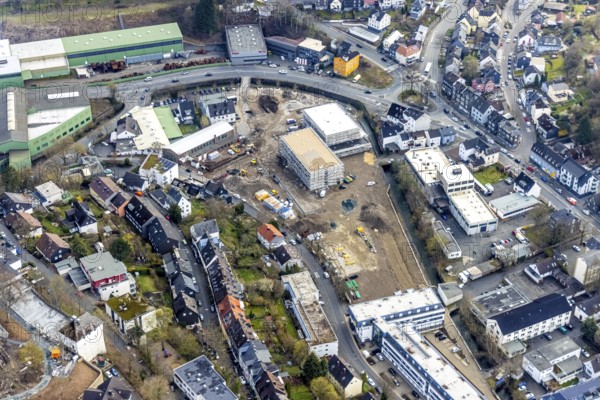 Aerial view, construction site on the former Roland site Am Lohgraben, construction for Freie Christliche Schule, Siegen-Kernband, Siegen, Siegerland, North Rhine-Westphalia, Germany, construction work, construction area, construction site, building plots, construction project, construction site, DE, Europe, aerial view, aerial photography, aerial photography, new building, overview, bird's-eye view, bird's-eye view, overview
