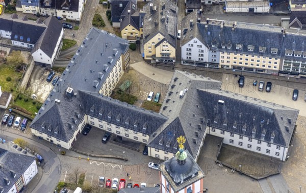 Aerial view, old town with town hall, Krämergasse and Kornmarkt, Siegen-Kernband, Siegen, Siegerland, North Rhine-Westphalia, Germany, place of worship, authority, DE, Europe, religious community, place of worship, holy place, church, parish, denomination, aerial view, aerial photography, aerial photography, market place, town hall, religion, religious site, overview, bird's eye view, birds-eyes view, overview