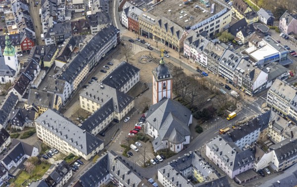 Aerial view, Old Town with Town Hall and St. Nicholas Church, Krämergasse and Kornmarkt, Siegen-Kernband, Siegen, Siegerland, North Rhine-Westphalia, Germany, place of worship, authority, DE, Europe, religious community, place of worship, holy site, church, church community, denomination, aerial view, aerial photography, aerial photography, market place, town hall, religion, religious site, overview, bird's-eye view, overview