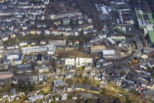 Aerial view, construction site on the former Roland site Am Lohgraben, construction for free Christian school, Siegen-Kernband, Siegen, Siegerland, North Rhine-Westphalia, Germany, construction work, construction area, construction site, building plots, construction project, construction site, DE, Europe, aerial view, aerial photography, aerial photography, new building, overview, bird's-eye view, bird's-eye view, overview