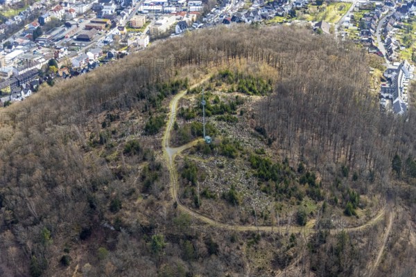 Aerial photograph, hiking trail on Häusling mountain with radio mast, protective sleeves for new plantings of tree saplings and young trees, Siegen-Häusling, Siegen, Siegerland, North Rhine-Westphalia, Germany, tree mortality, DE, Europe, radio tower, hilly landscape, aerial photograph, aerial photography, aerial photography, circular hiking trail, transmission tower, overview, browsing sleeves, bird's-eye view, forest, forest area, forest damage, forest mortality, birds-eyes view, overview