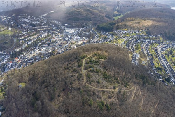 Aerial photograph, hiking trail on Häusling mountain with radio mast, protective sleeves for new plantings of tree saplings and young trees, Siegen-Häusling, Siegen, Siegerland, North Rhine-Westphalia, Germany, tree mortality, DE, Europe, radio tower, hilly landscape, aerial photograph, aerial photography, aerial photography, circular hiking trail, transmission tower, overview, browsing sleeves, bird's-eye view, forest, forest area, forest damage, forest mortality, birds-eyes view, overview