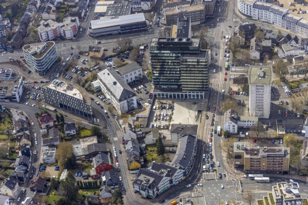 Aerial view, City with district hall, Kulturhaus Lÿz, residential and commercial property in Koblenzer Straße, Siegen-Kernband, Siegen, Siegerland, North Rhine-Westphalia, Germany, City, DE, Europe, city centre, aerial view, aerial photography, aerial photography, skyline, city centre, overview, bird's-eye view, overview