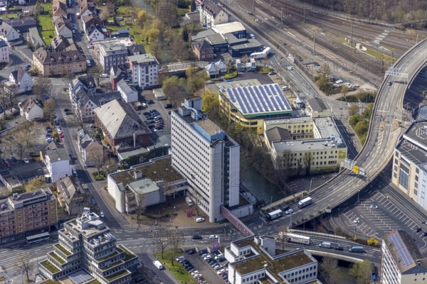 Aerial photo, local court and district court, Siegener Versorgungsbetriebe, Uni Siegen EGV, Siegen-Kernband, Siegen, Siegerland, North Rhine-Westphalia, Germany, authority, DE, Europe, aerial photo, aerial photography, aerial photography, photovoltaics, photovoltaic system, solar, solar system, solar energy, solar energy, overview, bird's-eye view, bird's-eye view, overview