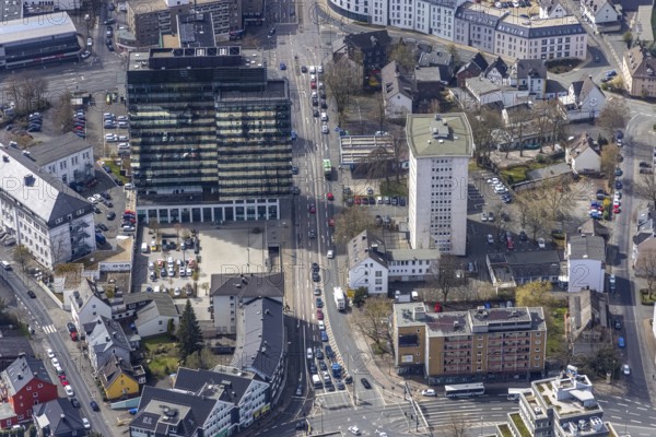 Aerial view, City with Kreishaus, Kulturhaus LÃ¿z, residential and commercial property in Koblenzer Straße, Siegen-Kernband, Siegen, Siegerland, North Rhine-Westphalia, Germany, City, DE, Europe, city centre, aerial view, aerial photography, aerial photography, city centre, overview, bird's-eye view, overview