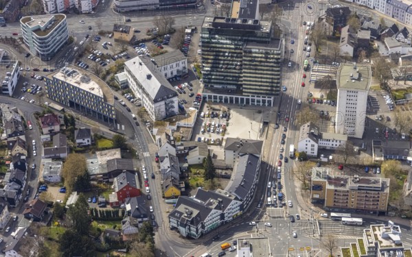 Aerial view, City with district hall, Kulturhaus LÃ¿z, residential and commercial property in Koblenzer Straße, Siegen-Kernband, Siegen, Siegerland, North Rhine-Westphalia, Germany, City, DE, Europe, city centre, aerial view, aerial photography, aerial photography, skyline, city centre, overview, bird's-eye view, overview
