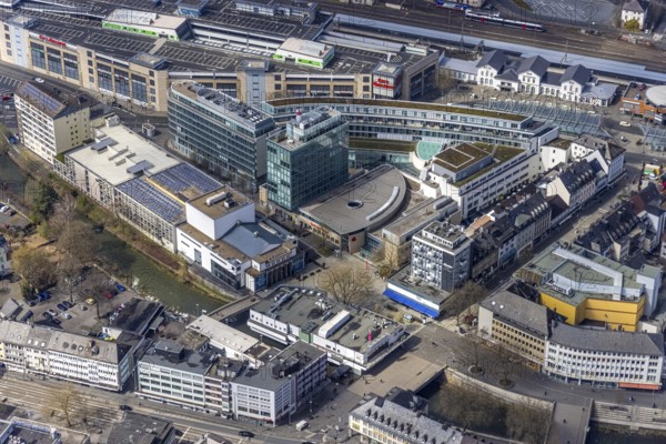 Aerial view, City-Galerie and Sieg-Carré at the main station, Siegen-Kernband, Siegen, Siegerland, North Rhine-Westphalia, Germany, City, DE, shopping centre, shopping markets, shopping mall, Europe, city centre, aerial view, aerial photography, aerial photography, shopping, shopping centre, overview, bird's-eye view, overview