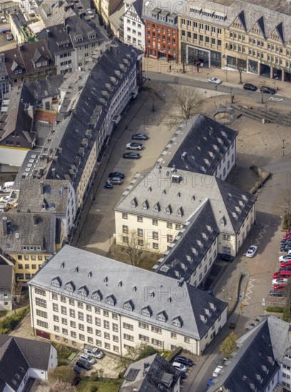 Aerial view, old town with town hall, Krämergasse and Kornmarkt, Siegen-Kernband, Siegen, Siegerland, North Rhine-Westphalia, Germany, place of worship, authority, DE, Europe, religious community, place of worship, holy place, church, parish, denomination, aerial view, aerial photography, aerial photography, market place, town hall, religion, religious site, overview, bird's eye view, birds-eyes view, overview