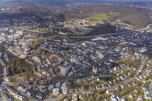 Aerial view, city centre view and city, main station, Siegen-Wellersberg, Siegen, Siegerland, North Rhine-Westphalia, Germany, railway station, city, DE, Deutsche Bahn AG, Europe, main station, city centre, aerial view, aerial photography, aerial photography, townscape, city area, city centre, overview, bird's eye view, birds-eyes view, overview