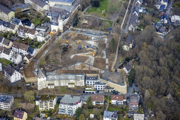 Aerial view, construction site in the southern part of the castle park, Siegen-Kernband, Siegen, Siegerland, North Rhine-Westphalia, Germany, construction work, construction area, construction site, construction project, construction site, DE, Europe, aerial view, aerial photography, aerial photography, overview, bird's-eye view, overview
