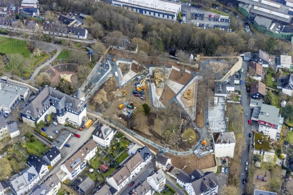 Aerial view, construction site in the southern part of the castle park, Siegen-Kernband, Siegen, Siegerland, North Rhine-Westphalia, Germany, construction work, construction area, construction site, construction project, construction site, DE, Europe, aerial view, aerial photography, aerial photography, overview, bird's-eye view, overview