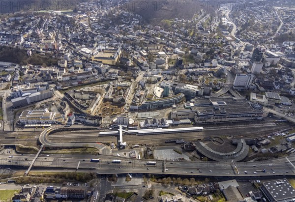 Aerial view, Siegen main station with ZOB bus station, roundhouse, City-Galerie, Sieg-Carré, Siegen-Kernband, Siegen, Siegerland, North Rhine-Westphalia, Germany, railway tracks, railway station, DE, Deutsche Bahn AG, shopping centre, shopping mall, shopping place, shopping centre, Europe, railway tracks, main station, central station, aerial view, aerial photography, aerial photography, shopping, shopping, shopping centre, overview, bird's eye view, birds-eyes view, overview