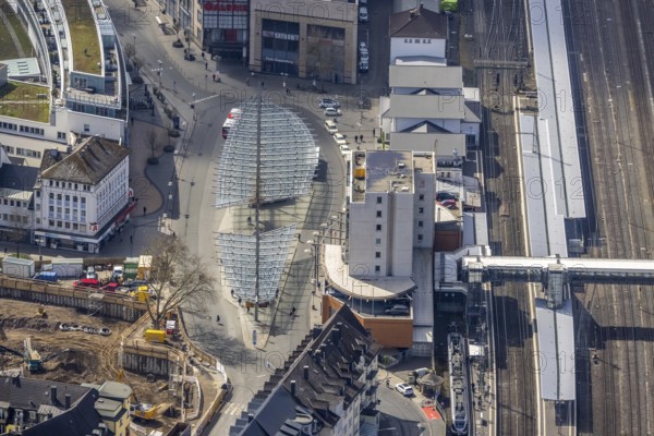 Aerial view, Siegen main station with ZOB bus station, roundhouse, Siegen-Kernband, Siegen, Siegerland, North Rhine-Westphalia, Germany, railway tracks, railway station, DE, Deutsche Bahn AG, Europe, railway tracks, main station, Hbf, aerial view, aerial photography, aerial photography, overview, bird's-eye view, overview