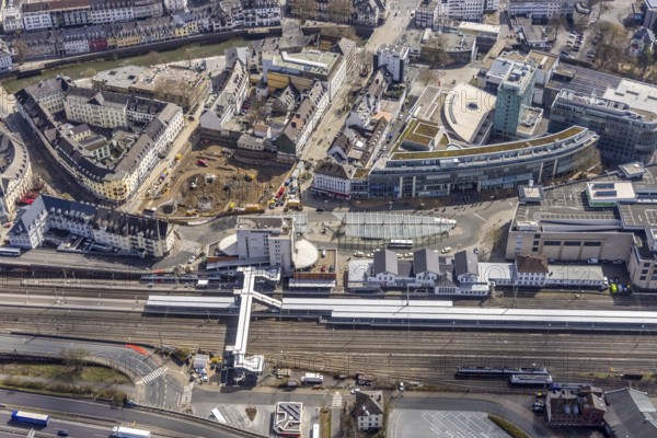 Aerial view, Siegen main station with ZOB bus station, Sieg-Carré, Siegen-Kernband, Siegen, Siegerland, North Rhine-Westphalia, Germany, railway tracks, railway station, DE, Deutsche Bahn AG, shopping centre, shopping mall, shopping place, shopping centre, Europe, railway tracks, main station, Hbf, aerial view, aerial photography, aerial photography, shopping, shopping centre, overview, bird's-eye view, overview