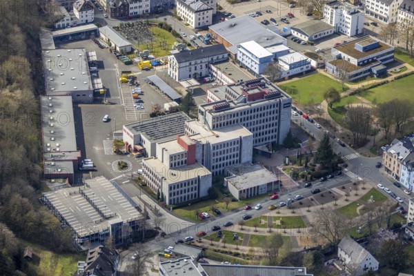 Aerial view, company building of Siemens Building Technologies and Westnetz GmbH, Friedrichstraße, Siegen-Kernband, Siegen, Siegerland, North Rhine-Westphalia, Germany, DE, Europe, commercial enterprises, commercial area, commercial park, commercial location, commercial use, aerial photograph, aerial photography, aerial photography, overview, bird's-eye view, overview