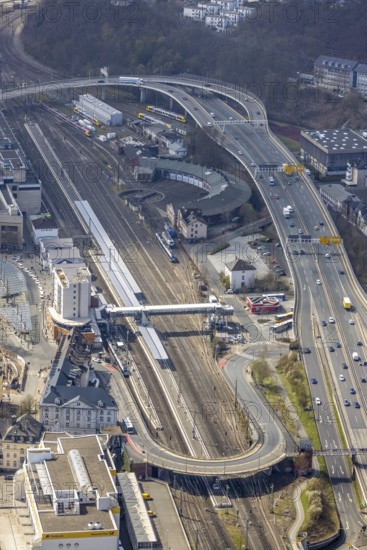 Aerial view, Siegen main station with ZOB bus station, roundhouse, City-Galerie, Sieg-Carré, Siegen-Kernband, Siegen, Siegerland, North Rhine-Westphalia, Germany, railway tracks, railway station, DE, Deutsche Bahn AG, shopping centre, shopping mall, shopping place, shopping centre, Europe, railway tracks, main station, central station, aerial view, aerial photography, aerial photography, shopping, shopping, shopping centre, overview, bird's eye view, birds-eyes view, overview