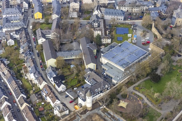 Aerial view, Realschule Am Oberen Schloss, Burgstraße, Siegen-Kernband, Siegen, Siegerland, North Rhine-Westphalia, Germany, education, educational institution, DE, Europe, educational institute, aerial view, aerial photography, aerial photography, photovoltaics, photovoltaic system, secondary school, school, solar, solar system, solar energy, solar energy, overview, bird's-eye view, bird's-eye view, overview