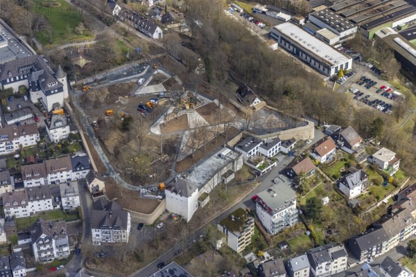 Aerial view, construction site in the southern part of the castle park, Siegen-Kernband, Siegen, Siegerland, North Rhine-Westphalia, Germany, construction work, construction area, construction site, construction project, construction site, DE, Europe, aerial view, aerial photography, aerial photography, overview, bird's-eye view, overview