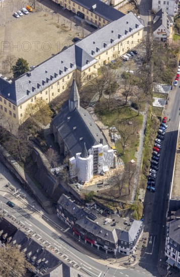 Aerial view, renovation of the Protestant Martini Church, Siegen-Kernband, Siegen, Siegerland, North Rhine-Westphalia, Germany, place of worship, construction work, construction area, building site, building plots, construction project, construction site, DE, Europe, religious community, place of worship, holy place, church, parish, denomination, aerial view, aerial photography, aerial photography, pseudo basilica, religion, religious site, overview, bird's-eye view, overview