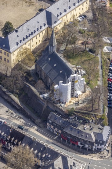 Aerial view, renovation of the Protestant Martini Church, Siegen-Kernband, Siegen, Siegerland, North Rhine-Westphalia, Germany, place of worship, construction work, construction area, building site, building plots, construction project, construction site, DE, Europe, religious community, place of worship, holy place, church, parish, denomination, aerial view, aerial photography, aerial photography, pseudo basilica, religion, religious site, overview, bird's-eye view, overview
