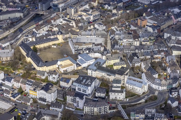 Aerial view, Lower Castle with the University of Siegen, Campus Lower Castle, Siegen-Kernband, Siegen, Siegerland, North Rhine-Westphalia, Germany, education, educational institution, city, DE, Europe, city centre, educational institute, aerial view, aerial photography, aerial photography, castle, overview, university, bird's eye view, birds-eyes view, overview
