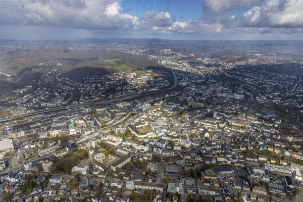 Aerial view, townscape and Lower Castle with the University of Siegen, Campus Lower Castle, Siegen-Kernband, Siegen, Siegerland, North Rhine-Westphalia, Germany, education, educational institution, City, City-Galerie, DE, Europe, city centre, educational institute, aerial view, aerial photography, aerial photography, townscape, Sieg-Carré, townscape, city centre, overview, university, bird's-eye view, birds-eyes view, overview