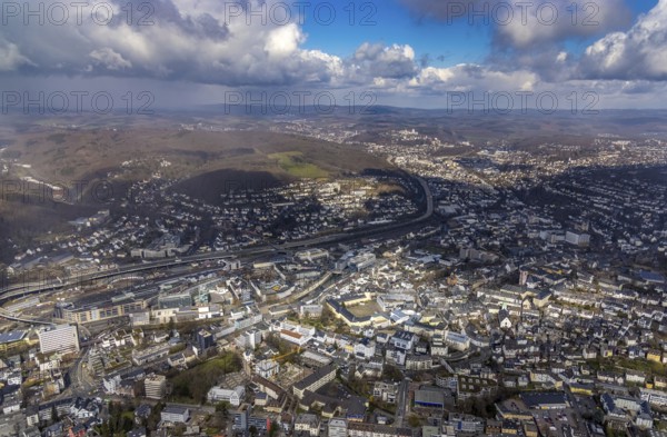 Aerial view, townscape and Lower Castle with the University of Siegen, Campus Lower Castle, Siegen-Kernband, Siegen, Siegerland, North Rhine-Westphalia, Germany, education, educational institution, City, City-Galerie, DE, Europe, city centre, educational institute, aerial view, aerial photography, aerial photography, townscape, Sieg-Carré, townscape, city centre, overview, university, bird's-eye view, birds-eyes view, overview