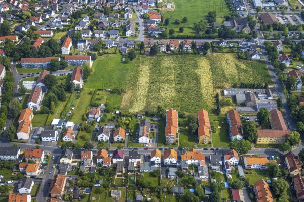 Aerial view, residential area and planned building area Langenwiedenweg, Werl, Soester Börde, North Rhine-Westphalia, Germany, building area, building site, building plots, building project, DE, Europe, aerial view, aerial photography, aerial photography, overview, bird's-eye view, overview