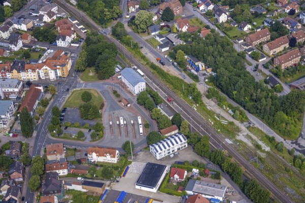 Aerial view, cultural and event centre Werl station, Werl station, Werl, Soester Börde, North Rhine-Westphalia, Germany, railway tracks, railway station, station forecourt, DE, Deutsche Bahn AG, Europe, main station, main station, culture, art, aerial view, aerial photography, aerial photography, overview, venue, event location, bird's eye view, bird's eye view, cultural use, overview