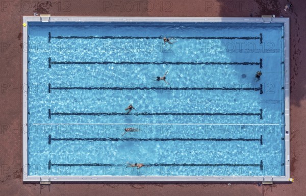 Aerial view, Werl swimming pool, Werl, Soester Börde, North Rhine-Westphalia, Germany, bathing establishment, bathing resort, DE, Europe, shapes and colours, outdoor pool, leisure activities, aerial view, aerial photography, aerial photography, swimming pool, vertical view, overview, bird's-eye view, overview