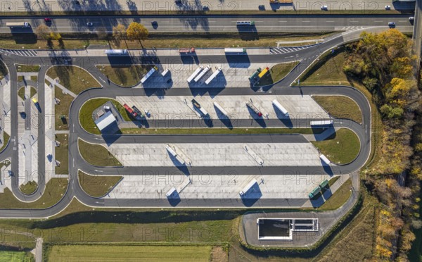 Aerial view, motorway A44 service area Am Haarstrang with truck parking Haarstrand -Süd in the district Westbüderich in Werl, Soester Börde, North Rhine-Westphalia, Germany, motorway A44, motorway service area, motorway service area, DE, Europe, truck parking, aerial view, aerial photography, aerial photography, parking, service area, overview, bird's eye view, Werl, birds-eyes view, overview