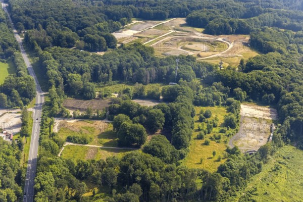 Aerial photo, construction site, landscaping tower in the Werl city forest on the border between Werl and Wickede, Werl, Soester Börde, North Rhine-Westphalia, Germany, construction work, construction area, building site, building plots, construction project, construction site, DE, Europe, aerial photo, aerial photography, aerial photography, overview, bird's-eye view, construction, birds-eyes view, overview