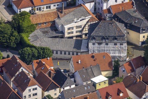Aerial photo, house renovation in the old town centre Kämperstraße, Werl, Soester Börde, North Rhine-Westphalia, Germany, construction project, construction site, DE, Europe, aerial photo, aerial photography, aerial photography, renovation, refurbishment, overview, bird's-eye view, overview