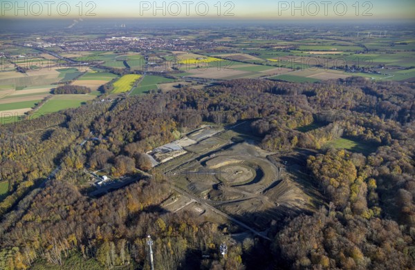 Aerial view, landscape construction construction site and new construction of an observation tower in the Werl city forest at the city limits of Werl and Wickede, Werl, Soester Börde, North Rhine-Westphalia, Germany, construction work, construction area, building site, building plots, construction project, construction site, DE, Europe, landscaping project, aerial photograph, aerial photography, aerial photography, overview, bird's-eye view, former British military camp, overview