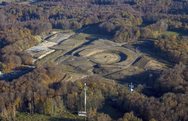 Aerial view, landscape construction construction site and new construction of an observation tower in the Werl city forest at the city limits of Werl and Wickede, Werl, Soester Börde, North Rhine-Westphalia, Germany, construction work, construction area, building site, building plots, construction project, construction site, DE, Europe, landscaping project, aerial photograph, aerial photography, aerial photography, overview, bird's-eye view, former British military camp, overview