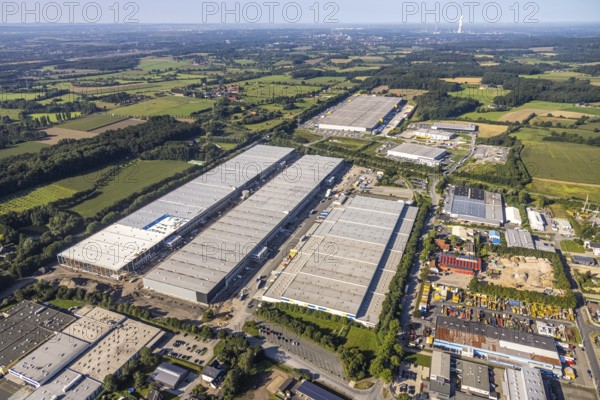 Aerial view of an extensive industrial area with many warehouses and surrounding fields, aerial view Werl overview, Amazon distribution centre Werne, Werne, North Rhine-Westphalia, Germany