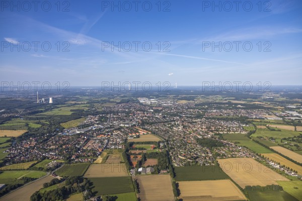 Aerial view of a town with surrounding fields and forest under a blue sky, aerial view Werl overview, Amazon distribution centre Werne, Werne, North Rhine-Westphalia, Germany
