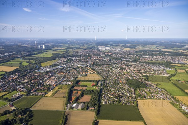 Aerial view of the city with numerous fields and houses under a slightly cloudy sky, aerial view Werl overview, Amazon distribution centre Werne, Werne, North Rhine-Westphalia, Germany