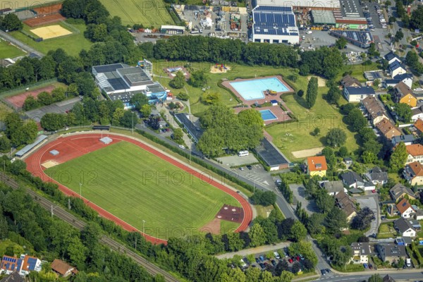 Aerial view, sports field Heinrich Buchgeister Stadium, Werl, Soester Börde, North Rhine-Westphalia, Germany, DE, Europe, athletics stadium, aerial view, aerial photography, aerial photography, sports, sports facilities, sports field, sports venue, overview, bird's-eye view, overview
